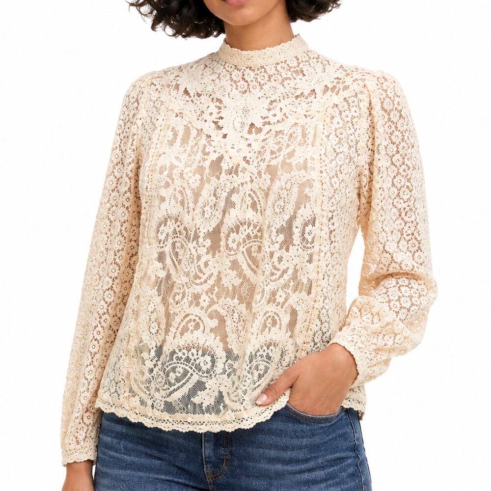 Torrid Mixed Lace High Neck Top Beige Long Sleeve Plus Size 3 3X 22/24